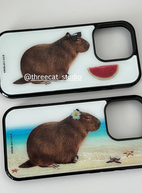 韩ins童趣可爱墨镜沙滩卡皮巴拉博主同款手机壳适用iphone17promax/16pro苹果15/14/13/12黑边11保护套Xsmax