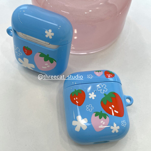 pro2保护套airpods 韩ins设计少女心草莓花朵pro3进口4代菲林耳机壳适用于苹果1 4代airpods 4代硬亮