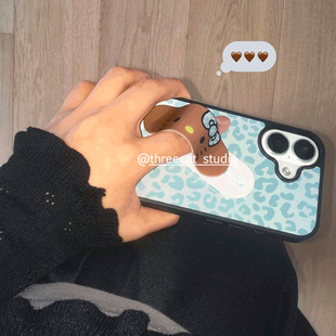 韩ins豹纹蝴蝶结kitty支架欧尼博主同款 16pro苹果15 12黑边11保护套Xsmax 手机壳适用于iphone17promax