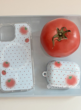 韩ins设计番茄西红柿红色小波点pro3进口菲林耳机壳适用于苹果1/2/3/4代airpods pro2保护套airpods 4代硬亮