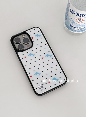 韩系ins甜妹海豚红爱心黑色波点博主同款手机壳适用于iphone16promax/15pro苹果15/14/13/12黑11保护套Xsmax