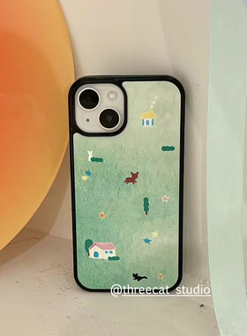 韩ins草原童话可爱动物房子欧尼博主同款手机壳适用iphone17promax/16pro苹果15/14/13/12黑边11保护套Xsmax