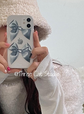 ins气质甜美少女蓝色丝绸蝴蝶结博主同款手机壳16适用于iphone15pro/16promax苹果14/13/12/11保护套高透软