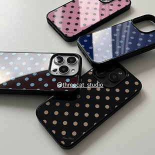 韩系ins巧克力古早蓝波点英文博主同款 16pro苹果15 12黑边11保护套Xsmax 手机壳适用于iphone17promax
