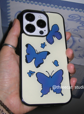 韩ins气质少女蓝色蝴蝶欧尼博主同款手机壳适用于iphone17promax/16pro苹果15/14/13/12黑边11保护套Xsmax