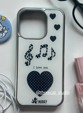 韩系ins古早波点音符黑色爱心欧尼Y2K手机壳适用于iphone17promax/16pro苹果15/14/13/12银边11保护套Xsmax