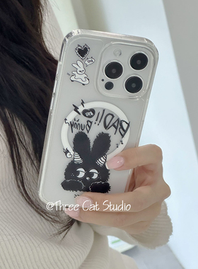 韩国ins小众搞怪黑色兔子皮革磁吸无线充magsafe卡套包手机壳适用于iphone16promax/15pro苹果14/13/12/11