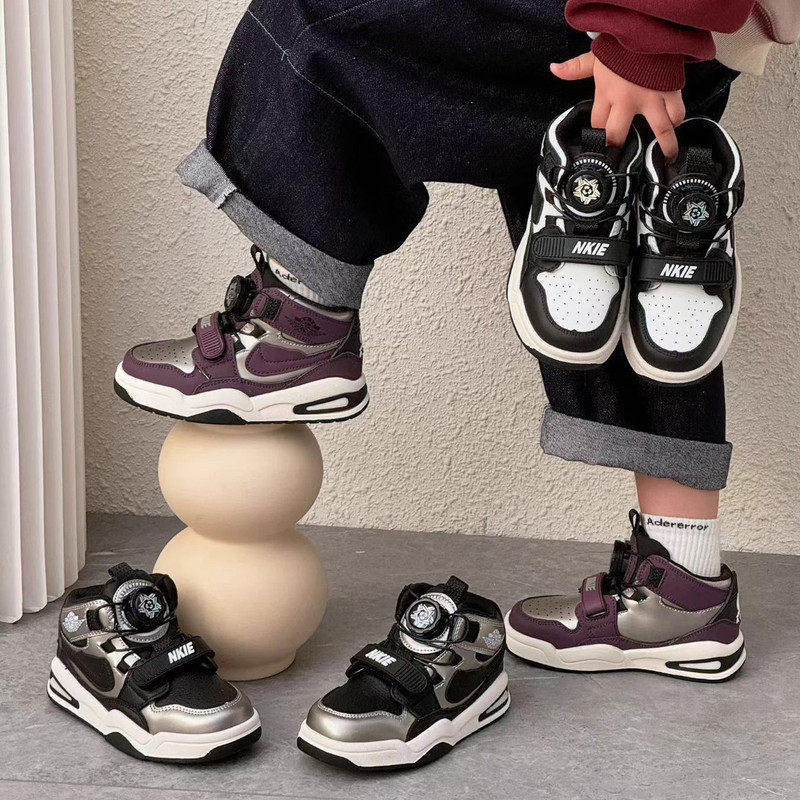 英国MDCW儿童运动鞋男童2025秋冬款真皮旋钮扣女童高帮加绒篮球鞋