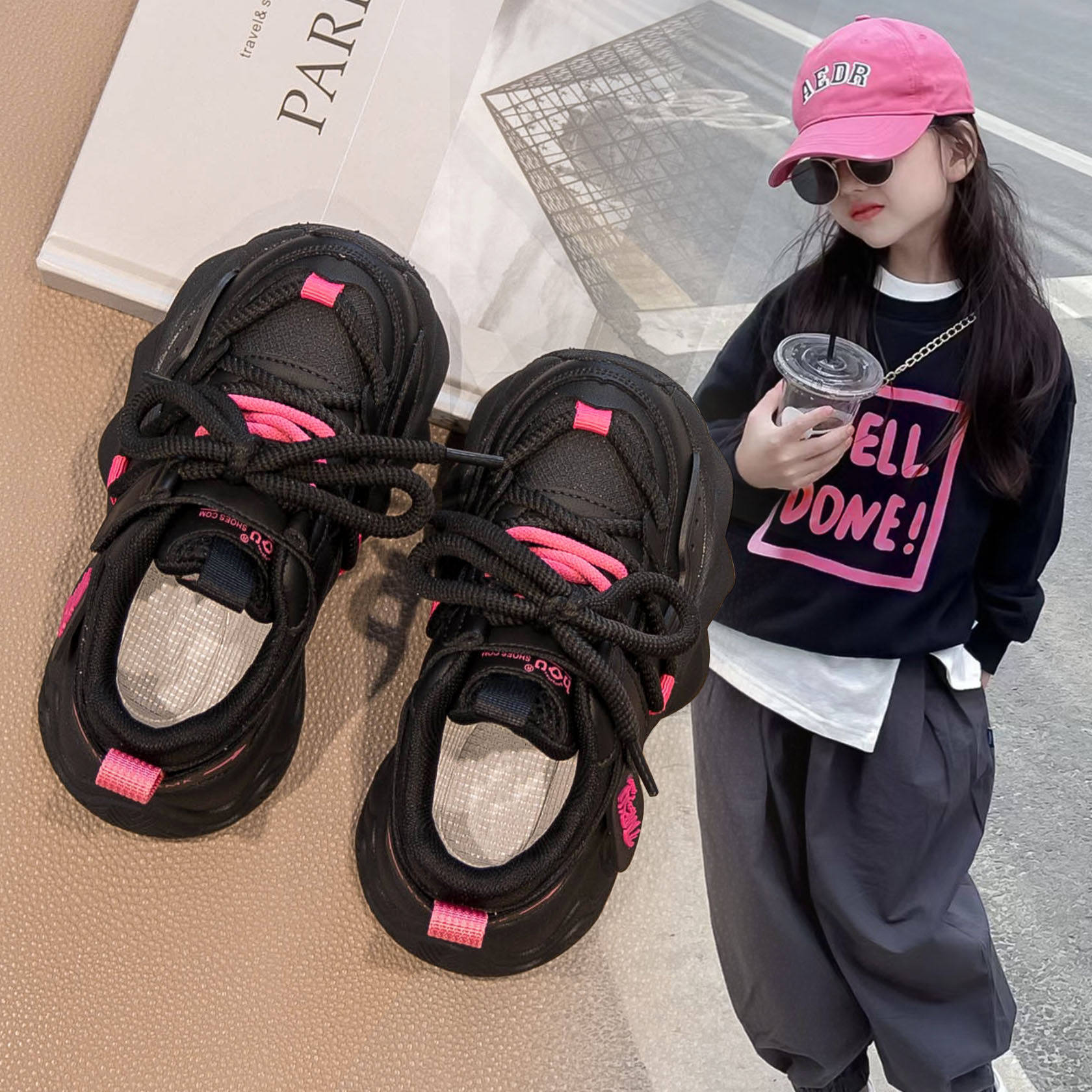 英国DGKP女童运动鞋2025新款秋冬季儿童鞋子男童加绒黑色休闲鞋潮