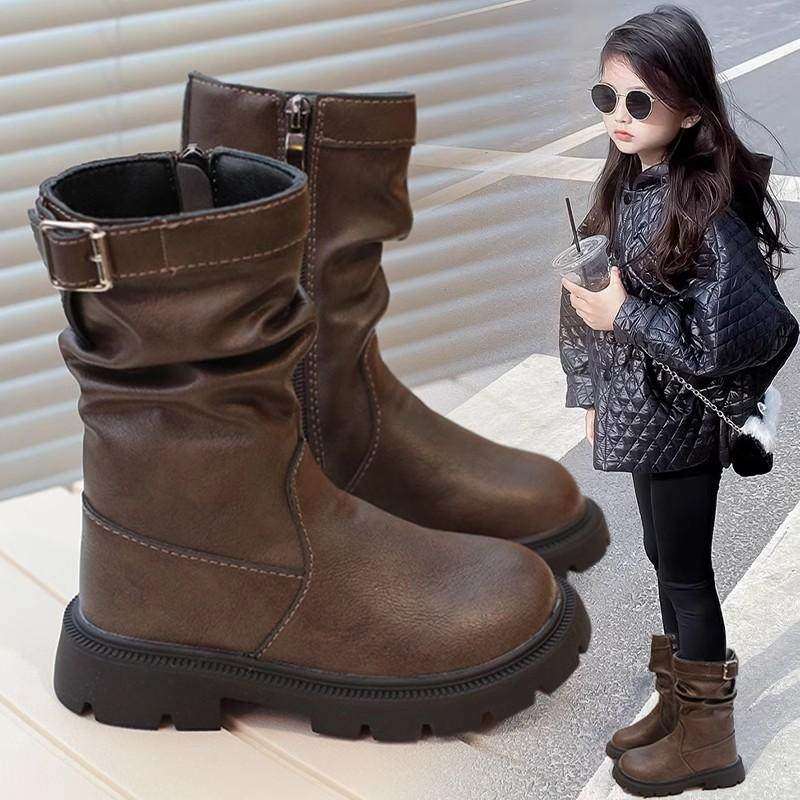 英国DGKP女童靴子2025秋冬季新款儿童公主中筒马丁靴加绒骑士靴