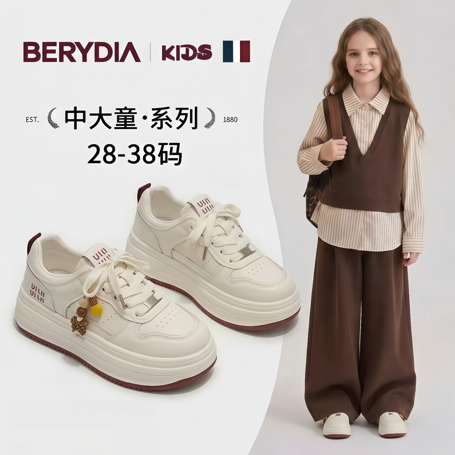 法国BERYDIA女童巨好看小白鞋2026秋新款软底增高中大童休闲板鞋