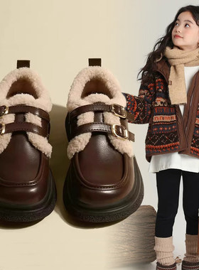 next MaxM女童棉鞋冬季女孩加绒英伦风鞋子皮鞋毛毛鞋防滑乐福鞋