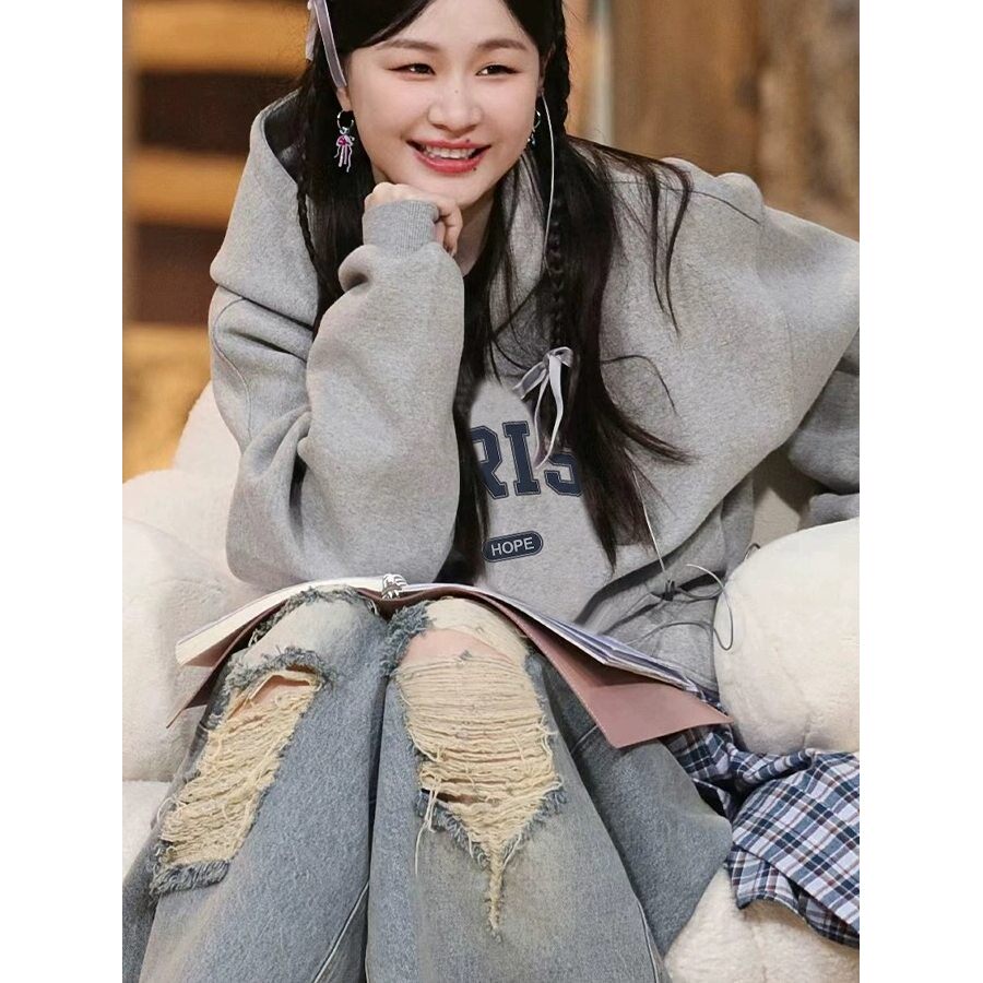 日本代购金靖同款美式高级感灰色卫衣女秋冬厚款加绒覆古宽松外套