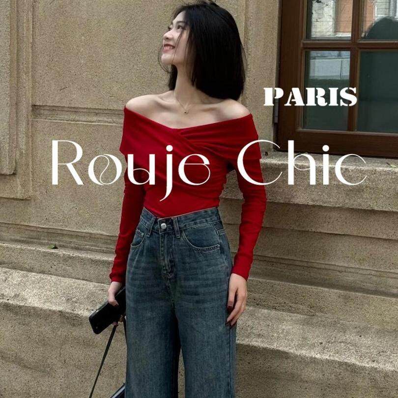 法国rouje chic法式高级感红色一字肩t恤女秋冬修身独特别致上衣