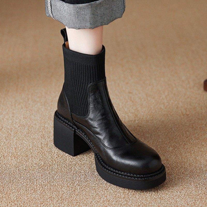 【意大利】René Vanvilla腿精推荐?粗跟6.5cm 羊皮针织弹力袜靴,女鞋,弹力靴/袜靴,淘宝优惠券,粉丝福利购,淘宝优惠卷