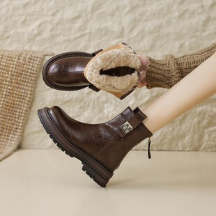 意大利Corso Venezia~羊皮毛一体雪地靴真皮厚底短靴覆古马丁靴女