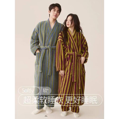 新型秋冬女式睡袍珊瑚绒绒衬里加厚情侣睡衣套装男士长款保暖条纹