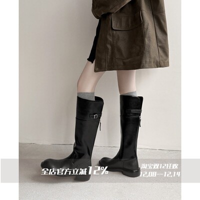 FairyWink 颜值担当～！显瘦粗跟圆头骑士靴女高筒真皮不过膝长靴