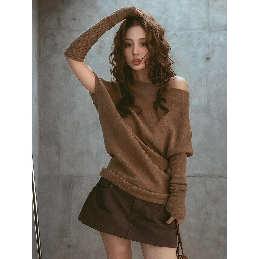 Rixo Kelly斜肩一字领羊毛修身打底衫女早秋内搭配袖套针织衫上衣