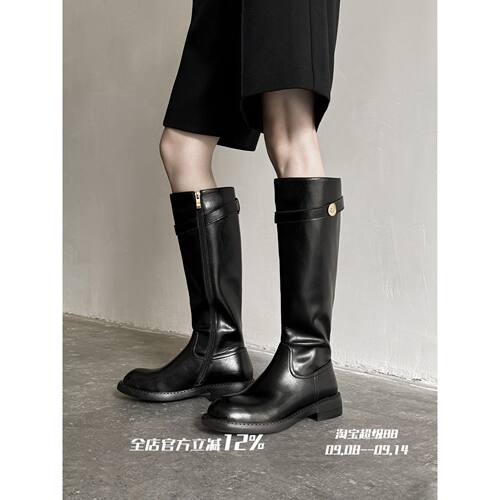 FairyWink 长腿担当～！覆古皮带扣骑士靴女显瘦粗跟宽筒圆头长靴