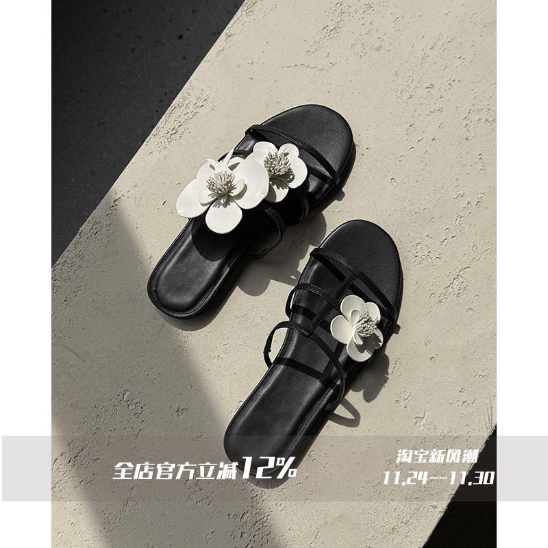 FairyWink小羊皮拖鞋 轻奢风女款凉拖 露趾一字带设计夏季穿