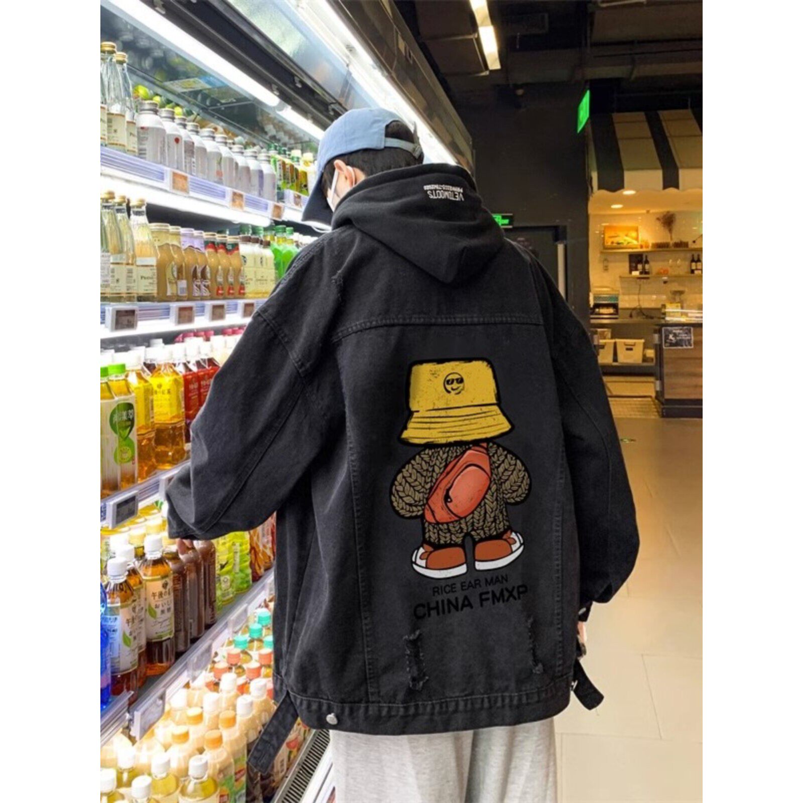 仓市一舒时尚品牌春秋牛仔夹克男生假两件套宽松休闲可拆卸兜帽夹