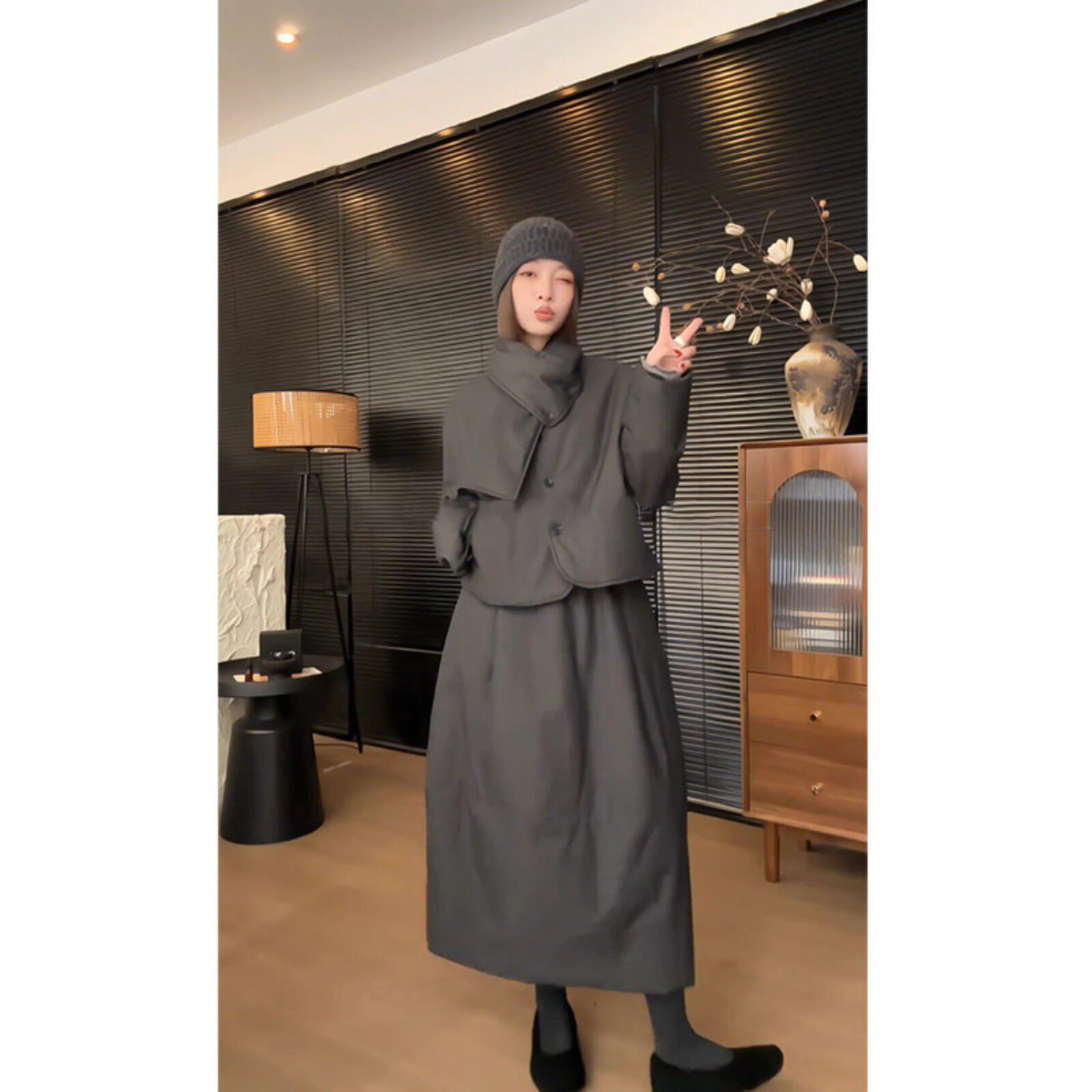 米兰风MDCW休闲棉服外套花苞半身裙套装女冬季高级感两件套