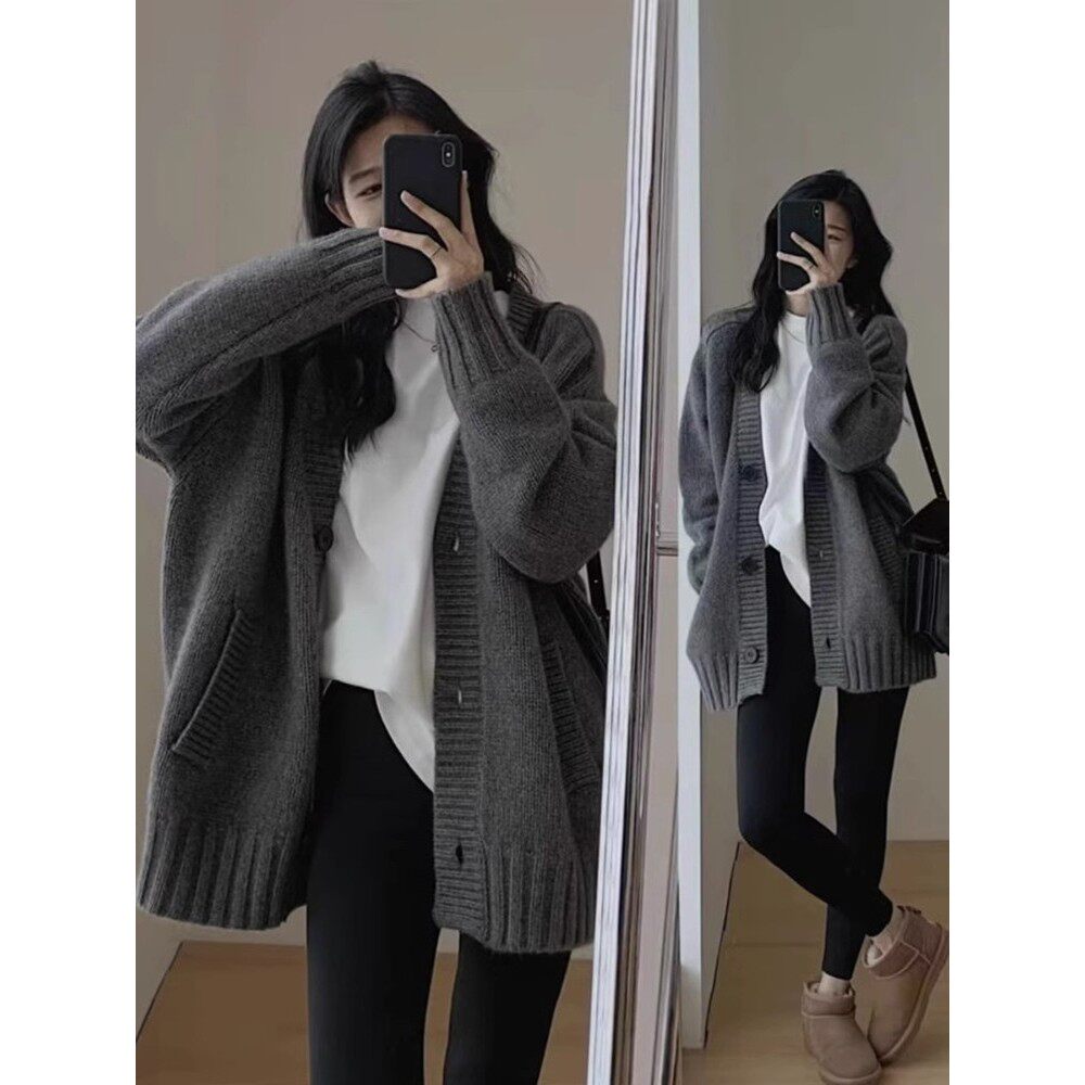 Rouje tusse日系覆古慵懒风软糯羊绒毛衣灰色中长款羊毛针织开衫