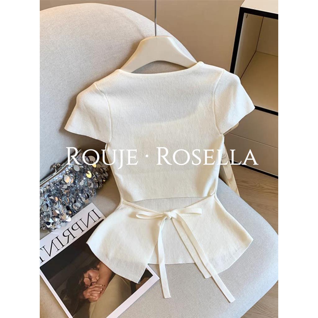 法国Rouje Rosella⭐设计感后背蝴蝶结短袖方领T恤女夏露腰款上衣