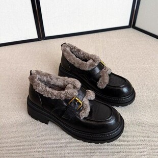 意大利Corso Venezia~ 5cm真皮圆头羊羔毛小皮鞋女鞋厚底毛毛单鞋