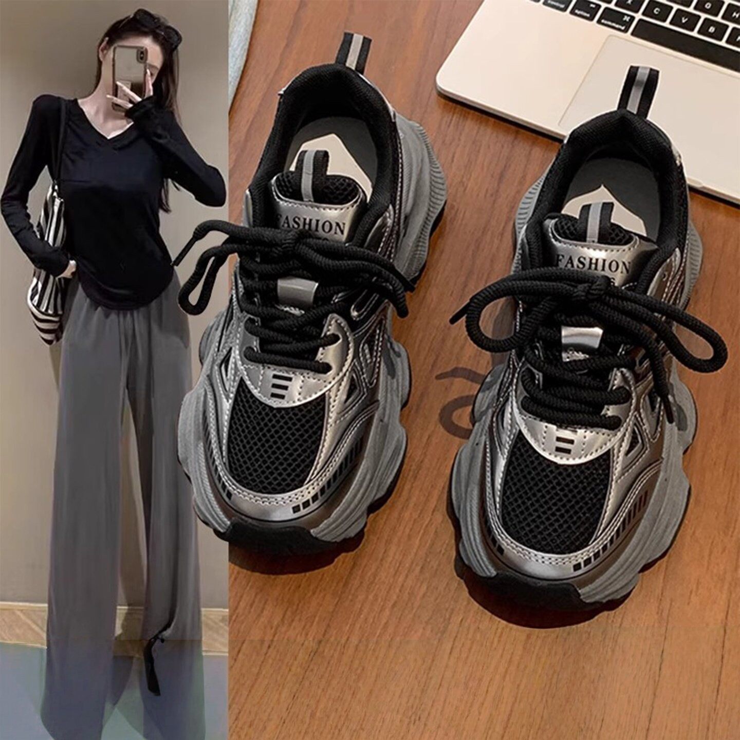 英国真皮黑色厚底老爹鞋女2025新款秋季超火增高轻便休闲运动鞋子