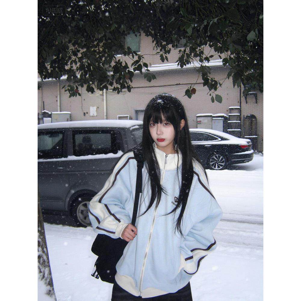 米兰风MDCW韩系学院风拼色条纹立领卫衣外套女秋冬季慵懒风棒球服