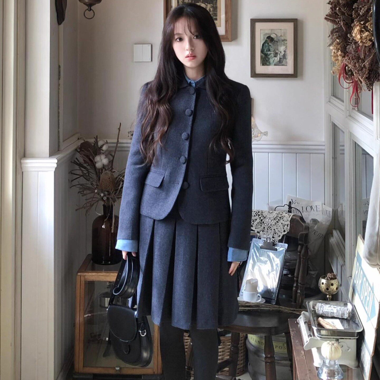 rouje bonjour灰色小香风长袖单排扣上衣百褶半身裙学院风套装女