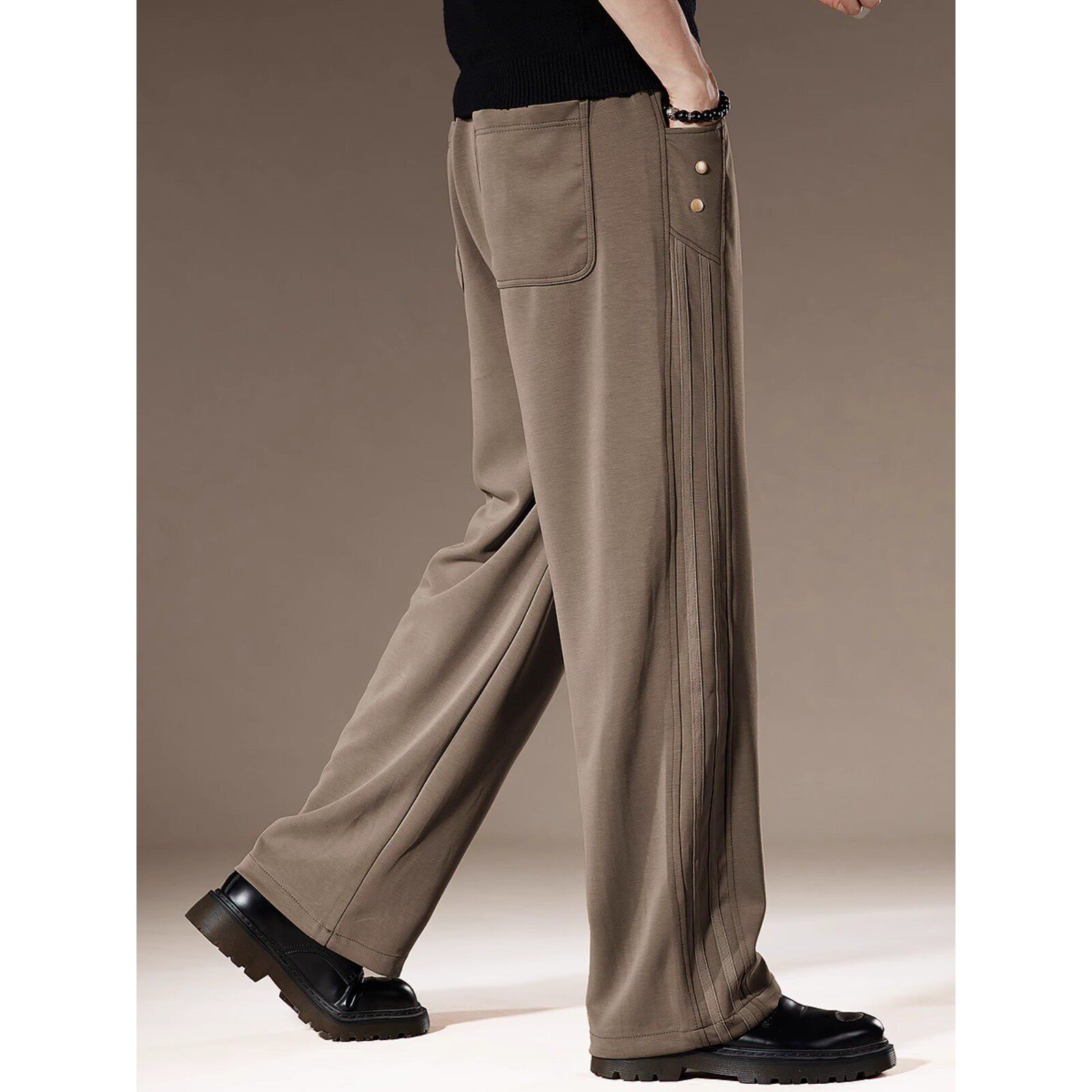 高端2026秋冬加绒侧条纹休闲裤男潮牌美式宽松运动直筒阔腿裤子男