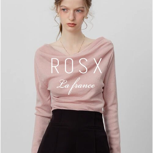 ROSX法式慵懒风一字肩收腰荡领针织衫女春季温柔气质短款长袖上衣