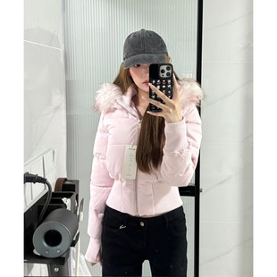 气质小海鸥同款粉色修身短款大毛领羽绒服女2025冬季新款连帽外套