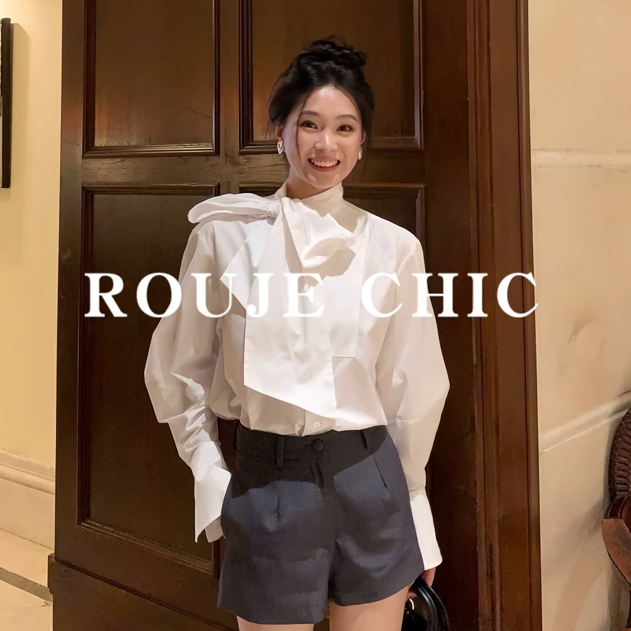 法国rouje chic法式温柔风大蝴蝶结飘带衬衫女早春立领泡泡袖上衣