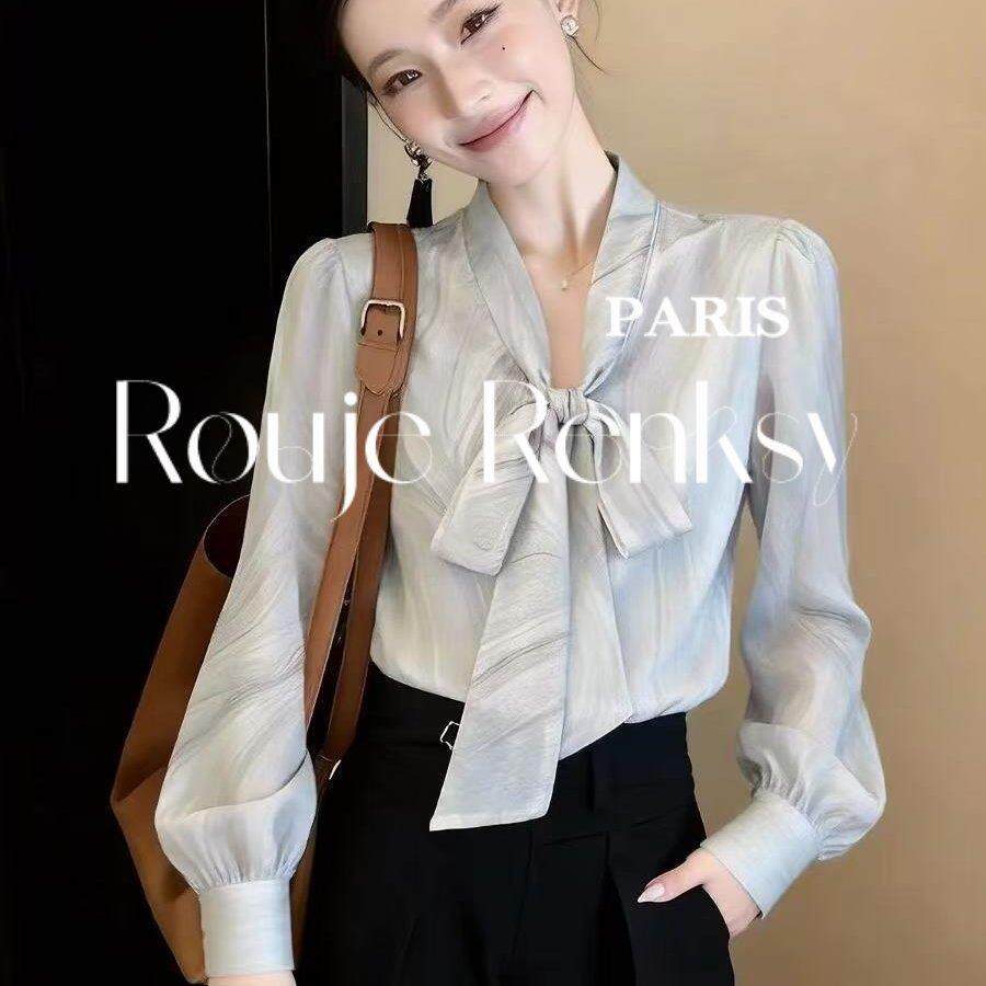 法国rouje renksy秋高级感系带蝴蝶结轻熟风长袖衬衫女法式泡泡袖