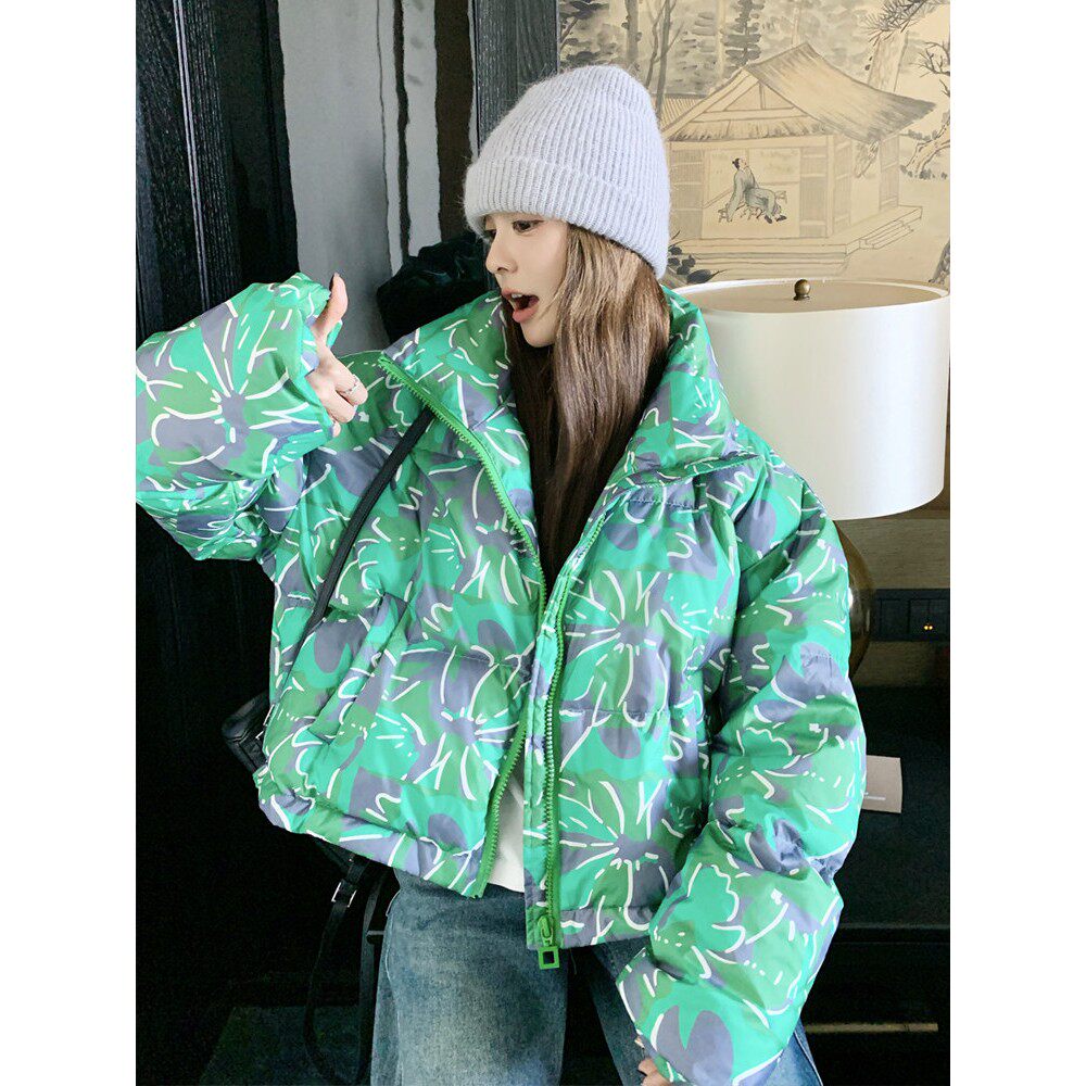 Docile Karsa绿色印花白鸭绒短款羽绒服女冬季立领保暖面包服外套