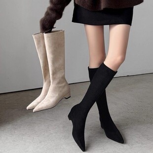 意大利Corso Venezia~绒面尖头弹力靴高筒瘦瘦靴百搭中粗跟长筒靴