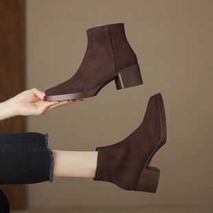 意大利Corso Venezia~覆古翻毛皮短靴女单靴厚底踝靴高跟磨砂裸靴