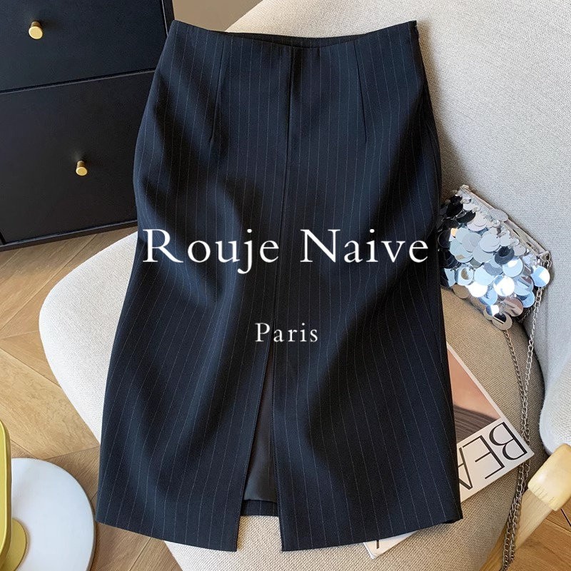 Rouje Naive白领正反两穿黑色条纹包臀裙女前开叉通勤一步半身裙
