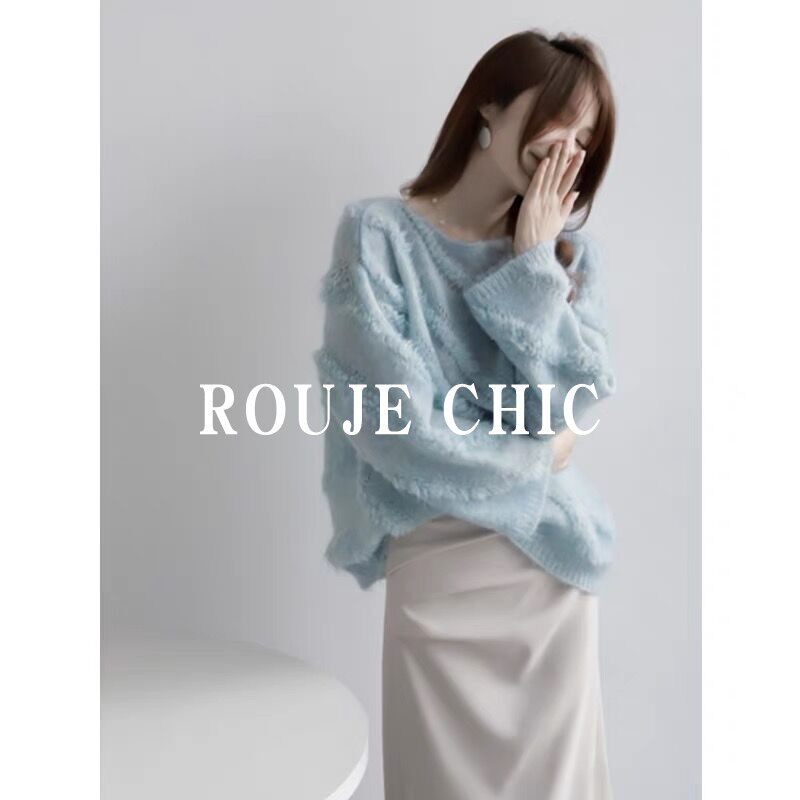 法国rouje chic复古马海毛一字领毛衣女秋冬季套头宽松小众针织衫