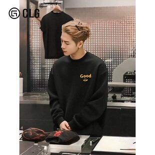 香港CLG潮牌王嘉尔同款笑脸卫衣重磅印花黑色男女款百搭秋冬外套