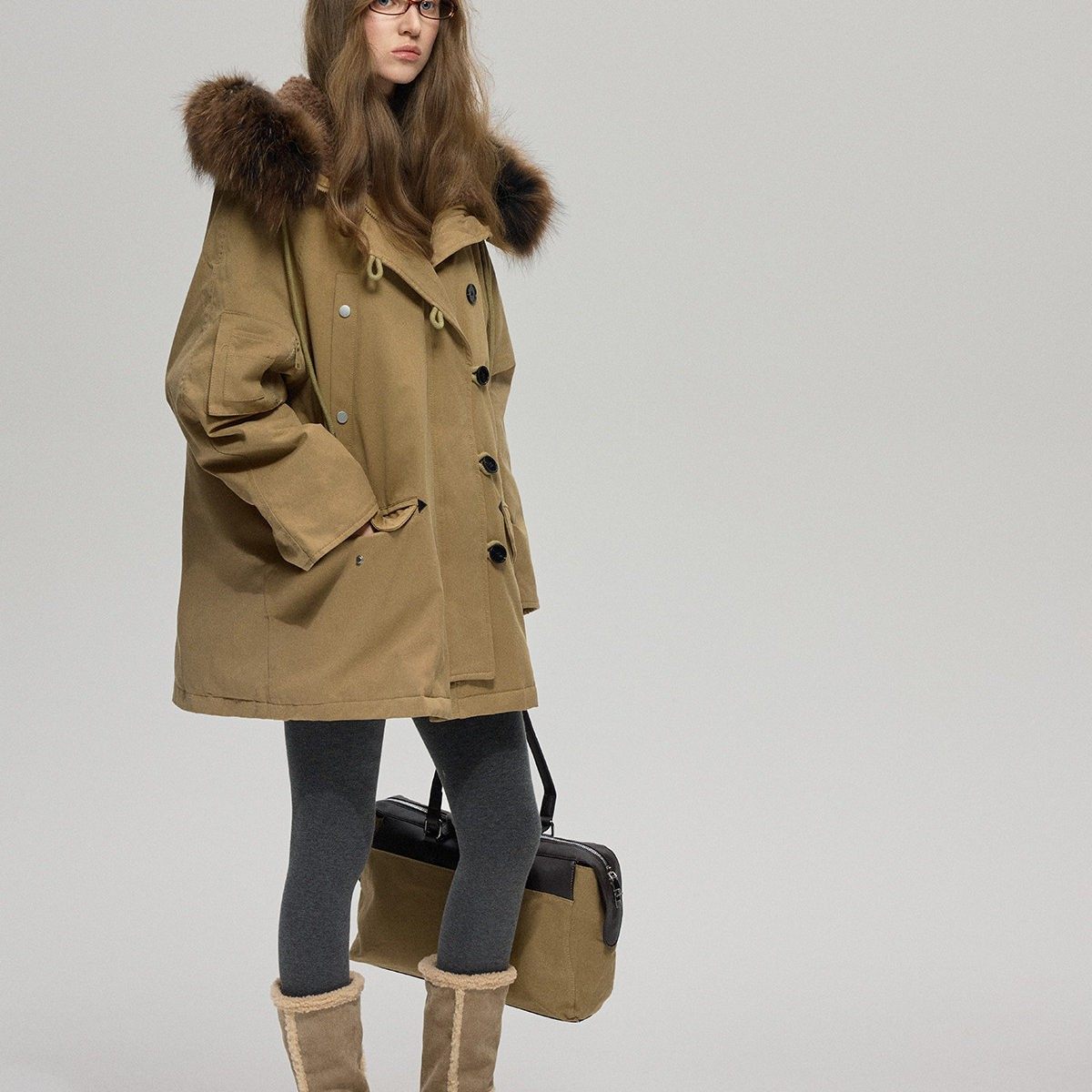 【呼啸山庄】90白鸭绒工装中长款连帽羽绒服女貉子毛领加厚派克服