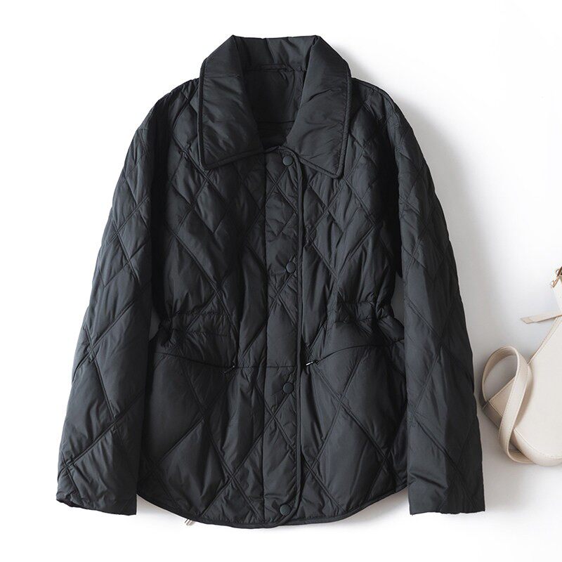 零负重 轻羽绒90鸭绒菱格抽绳收腰羽绒服女宽松范秋冬翻领短外套