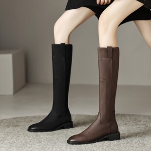 意大利Corso Venezia真皮方头中跟高筒骑行靴2025年秋冬新款