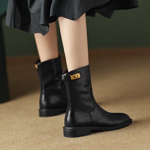 意大利Corso Venezia2025秋冬新款粗跟马丁靴英伦风真皮瘦瘦短靴