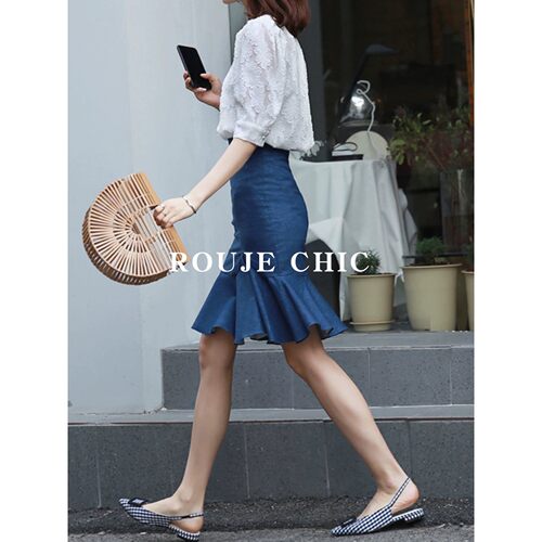 法国ROUJE CHIC夏季高腰仿牛仔半身裙包臀裙A字裙设计感鱼尾裙女
