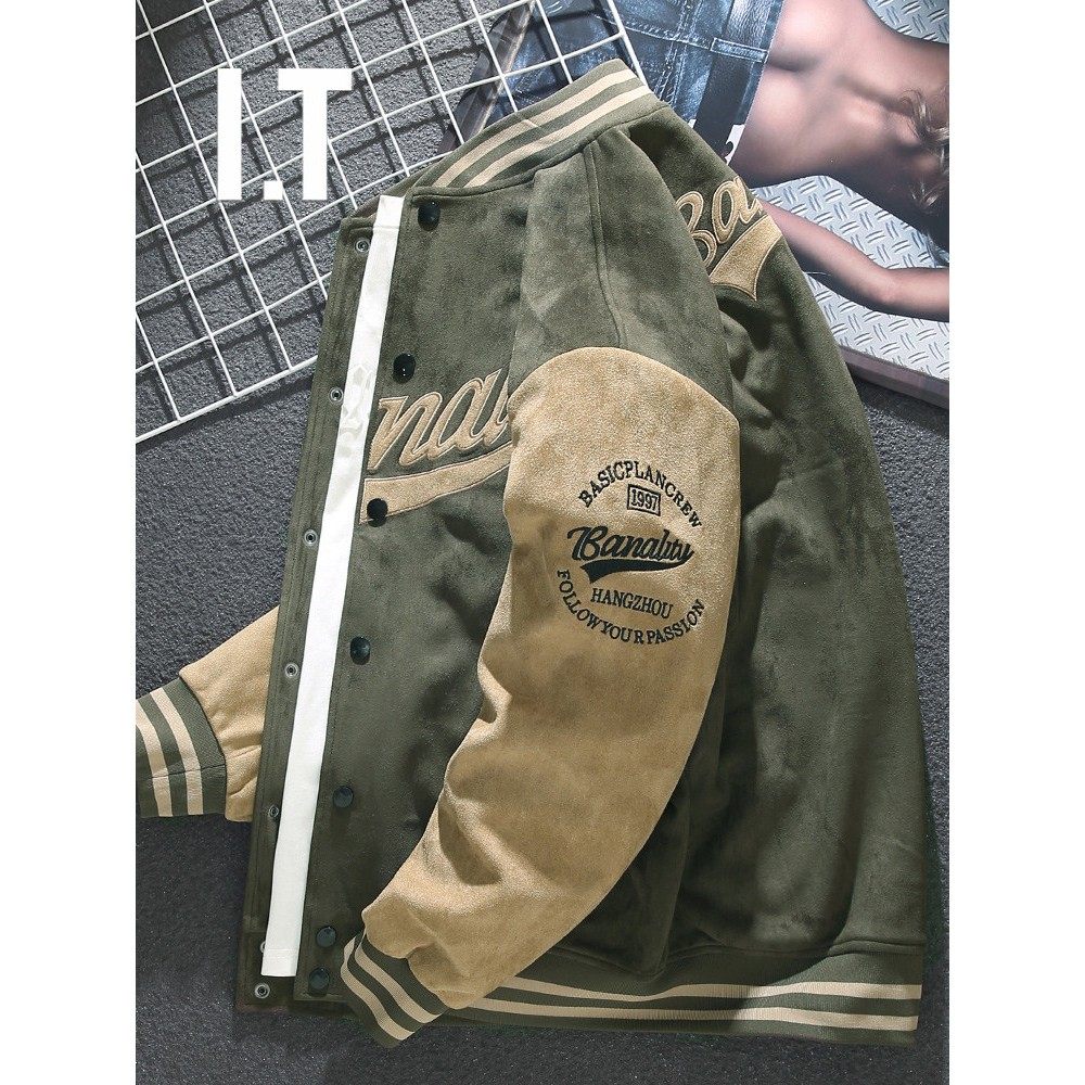 香港时尚品牌美式橄榄色块棒球制服秋冬宽松加胖大码飞行员夹克